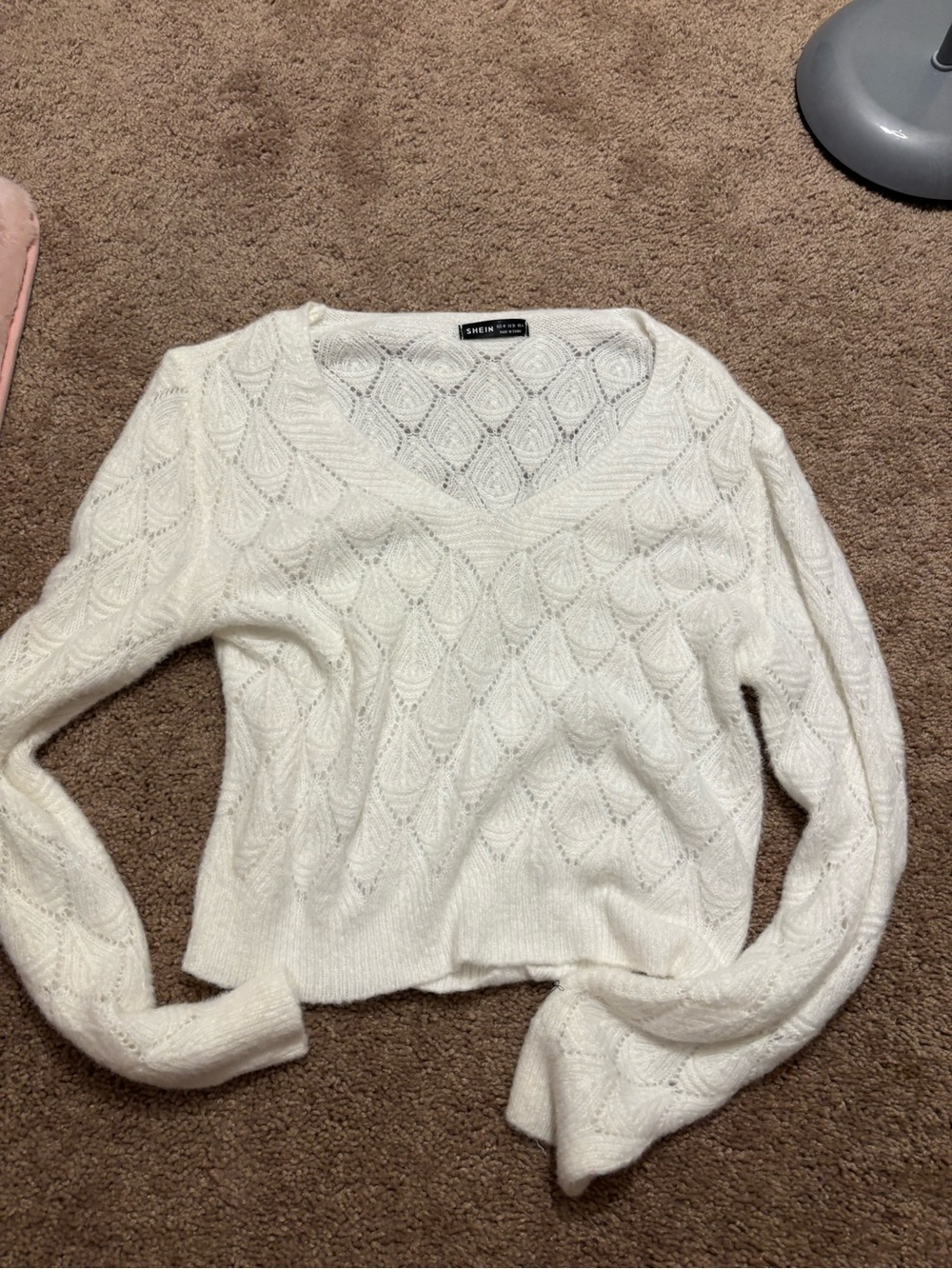 SHEIN Ivory V-Neck Cable Knit Sweater